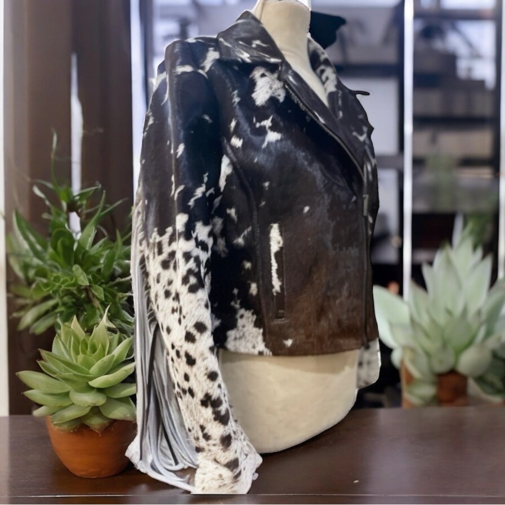 NEW CUSTOM London Fringe Dappled Pony Print Hair Calf Moto Jacket Black Brown L - Picture 3 of 11